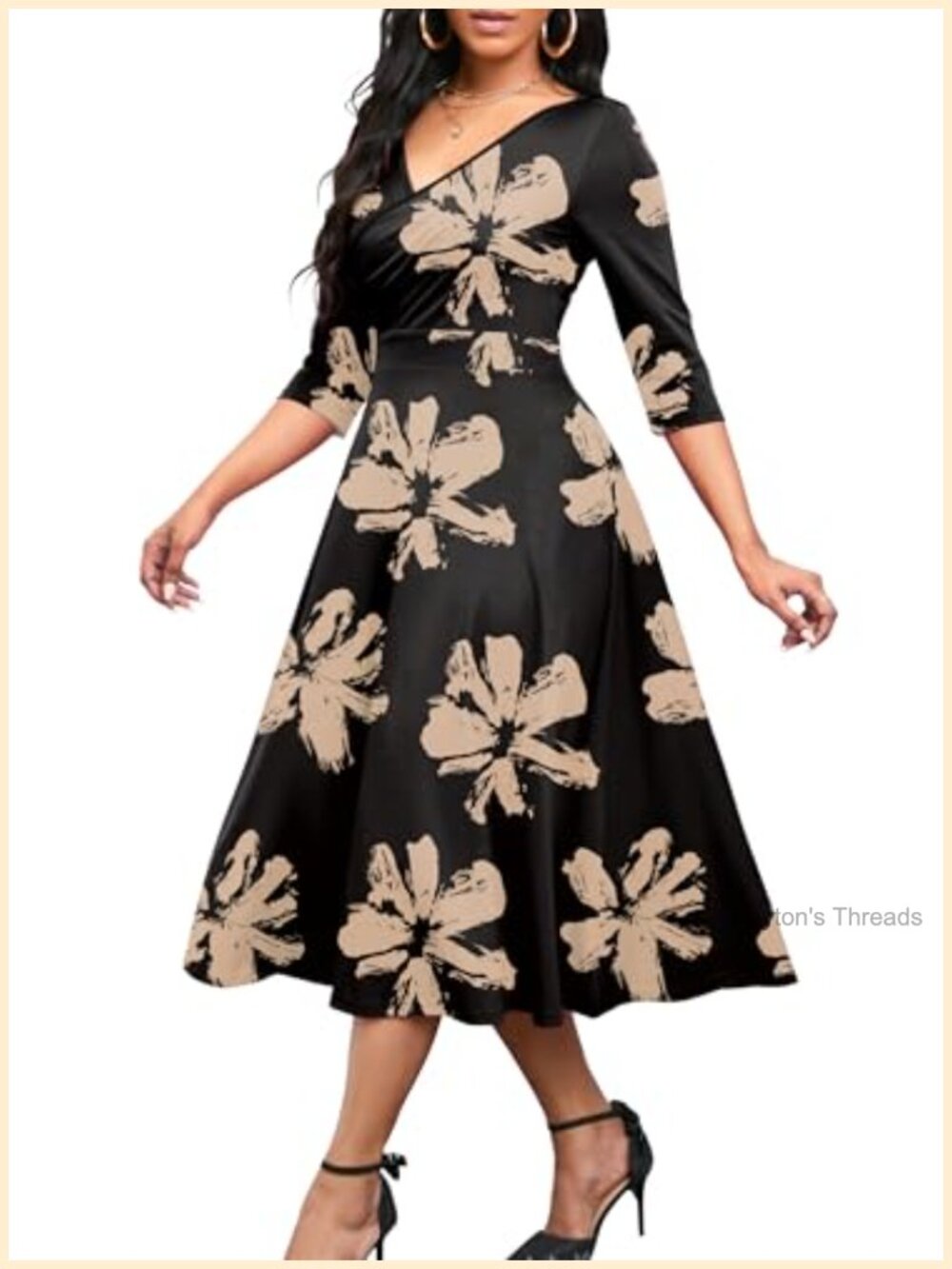 Women's Midi A-Line Dress with Pockets 3/4 Sleeve V-Neck Casual Cocktail